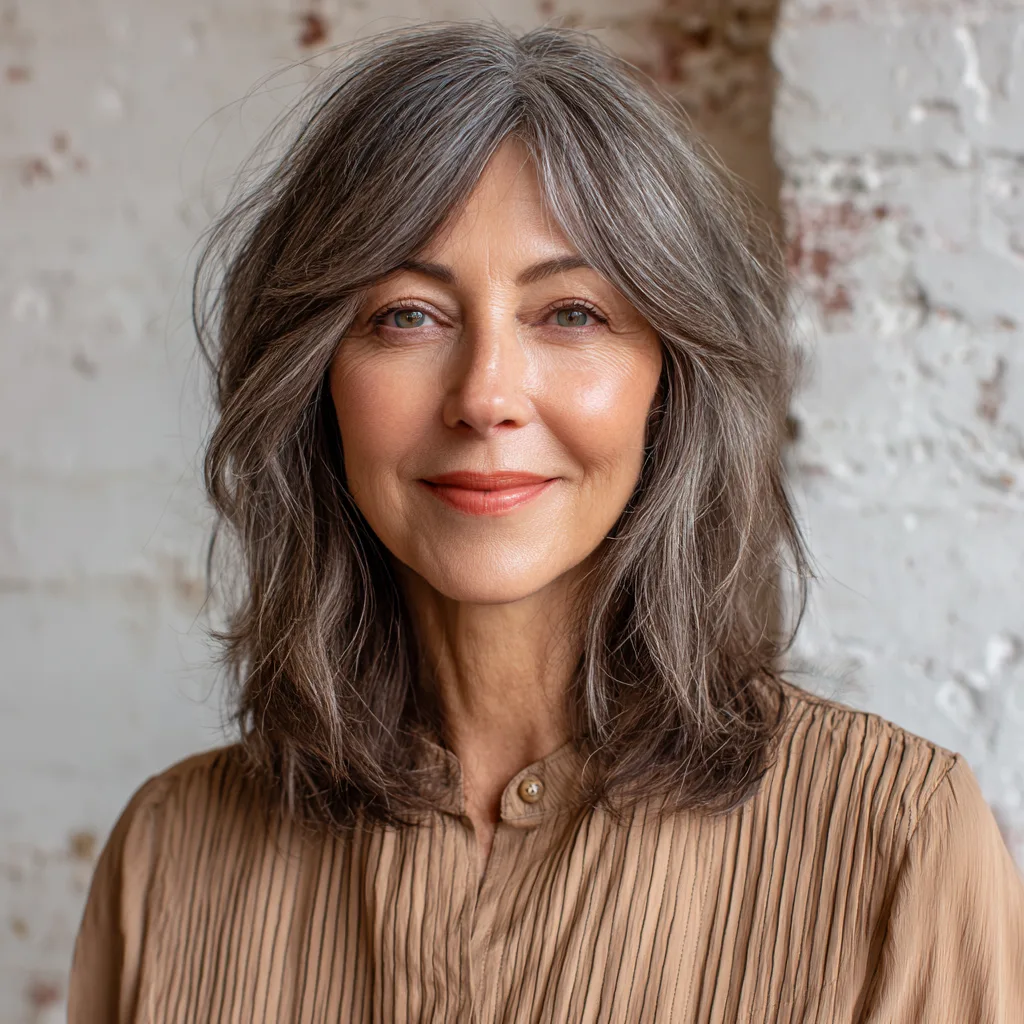 Softly Layered Gray Shag with Face-Framing Highlights