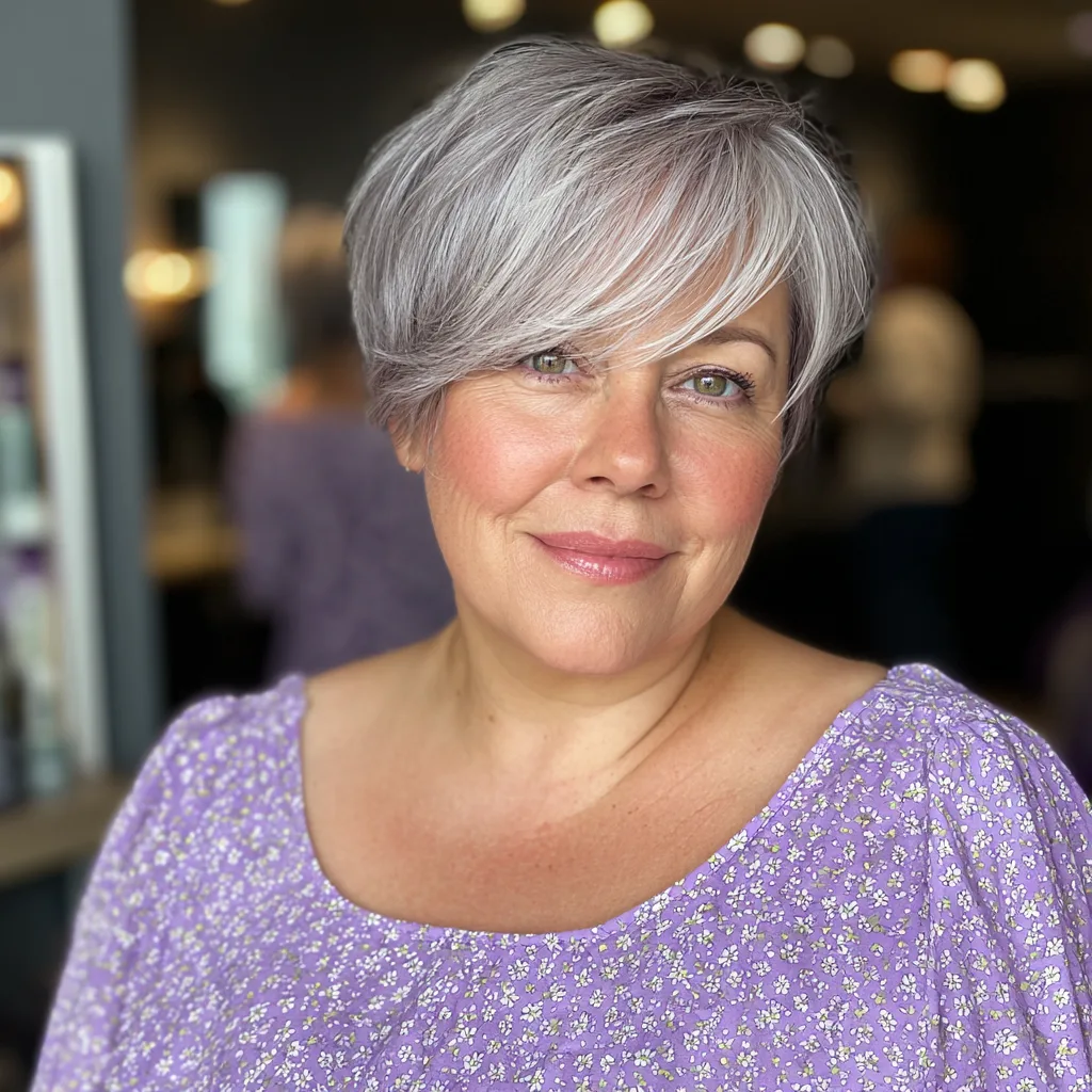 Softly Layered Side-Swept Pixie with Silvery Highlights