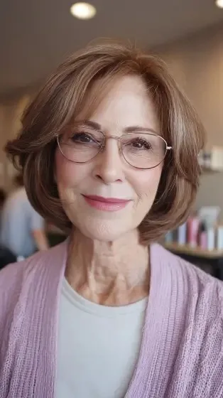 Softly Layered Warm Brown Bob with Gentle Waves