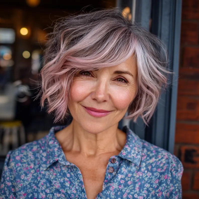 Softly Textured Pink-Infused Wavy Bob for Round Faces