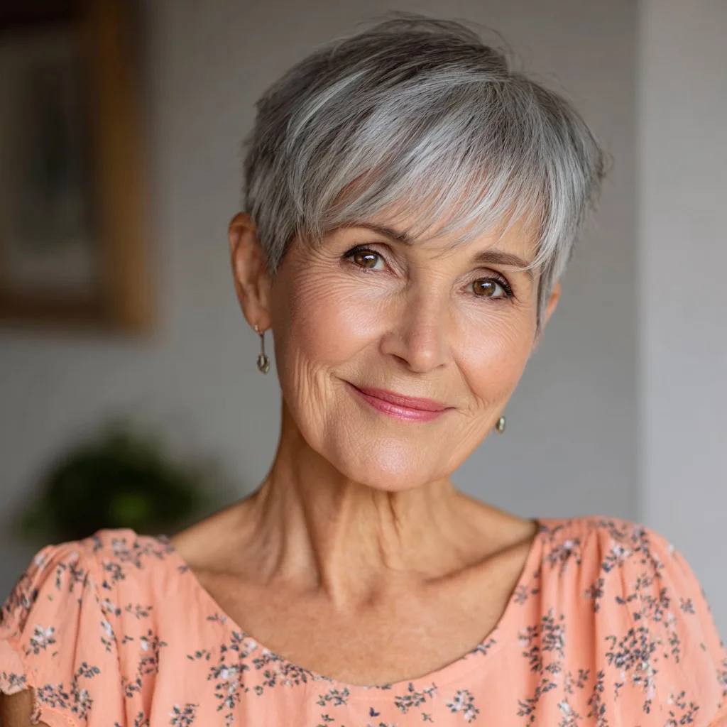 Softly Textured Pixie Cut with Delicate Long Bangs