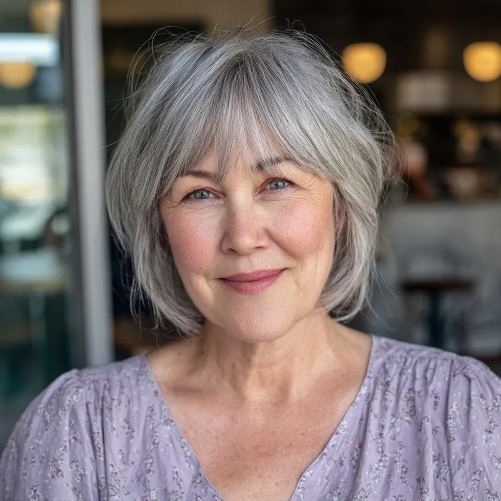 Softly Textured Silver Bob with Face-Framing Bangs