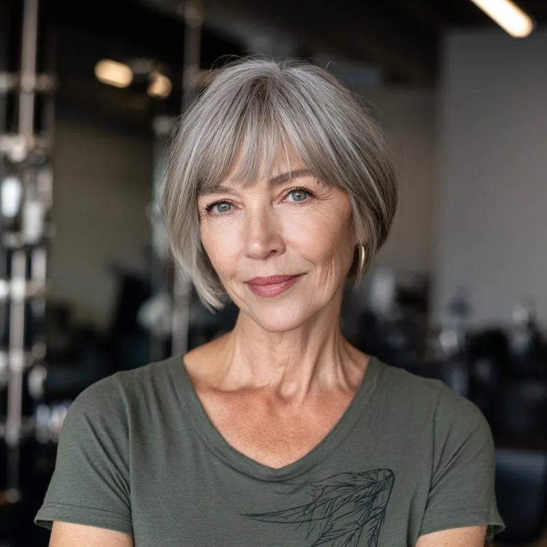 Softly Textured Silver Bob with Playful Bangs