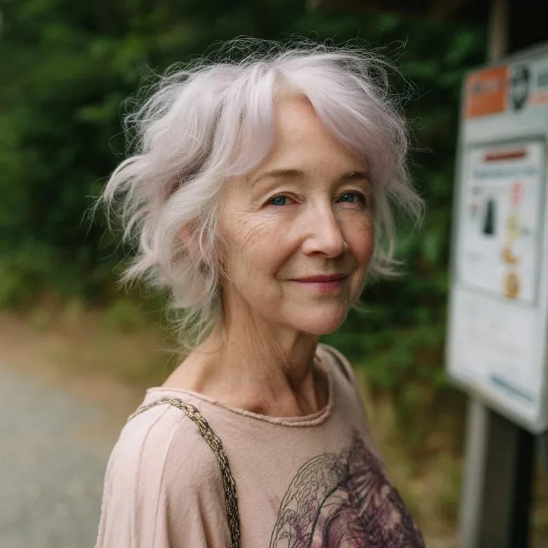 Softly tousled Lavender Pixie with Gentle Waves