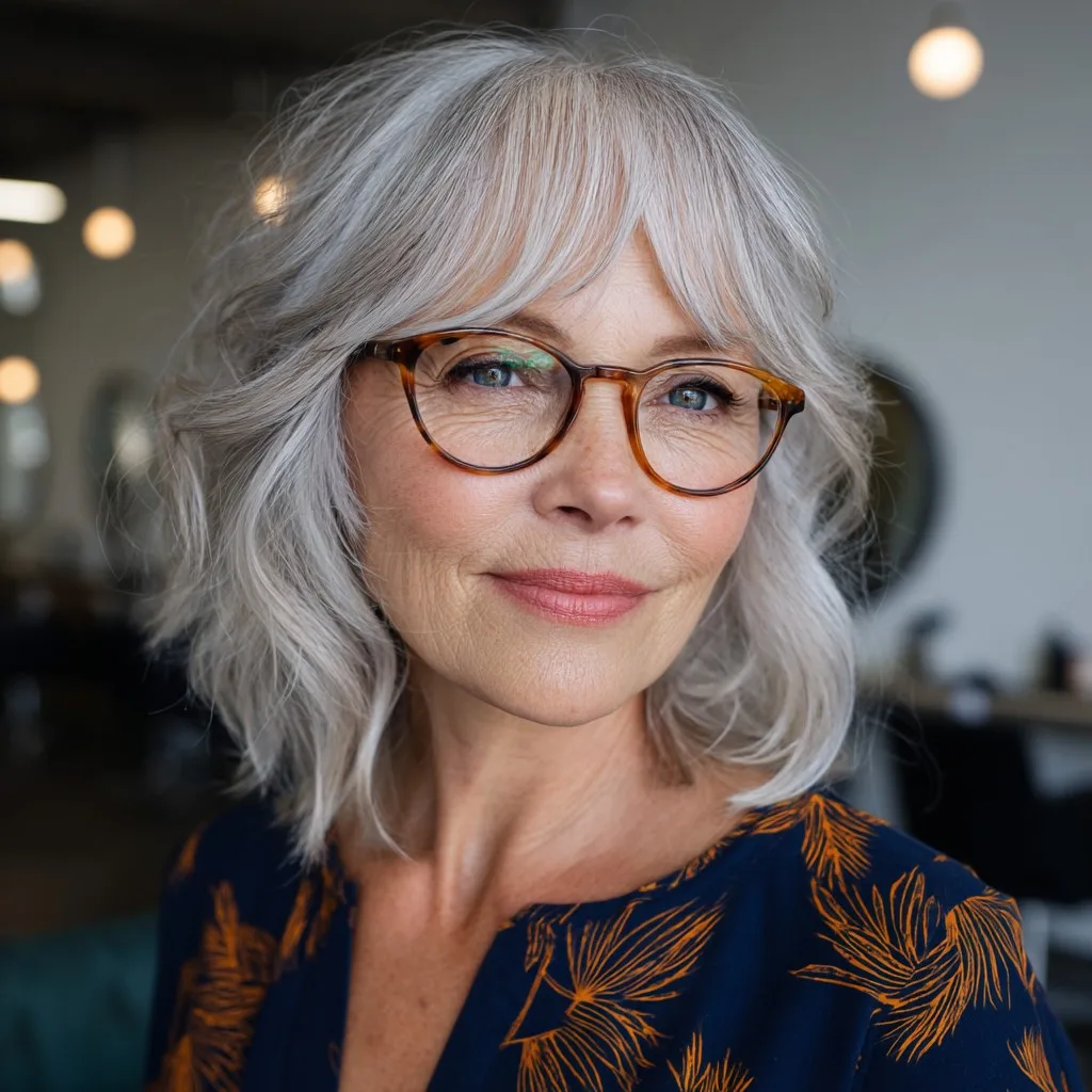 Softly Tousled Silver Layered Cut with Face-Framing Bangs