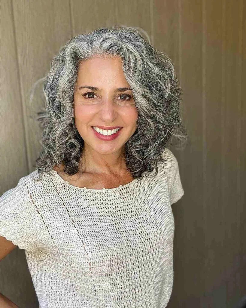 Sophisticated Shoulder-Length Silver Curls for Women 50 and Up