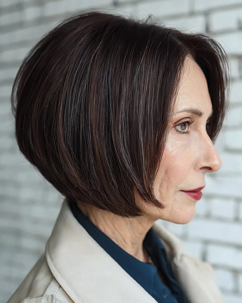 Stacked bob haircut with graduated layers for women over 70 with thick straight hair