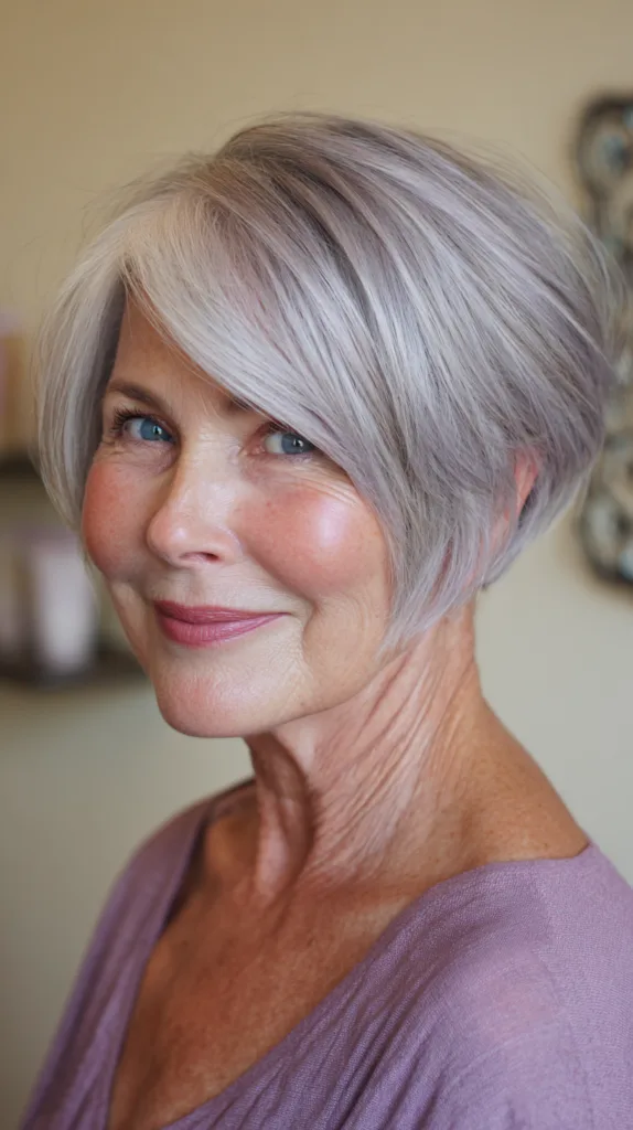 Steel violet precision stacked bob with deep side part