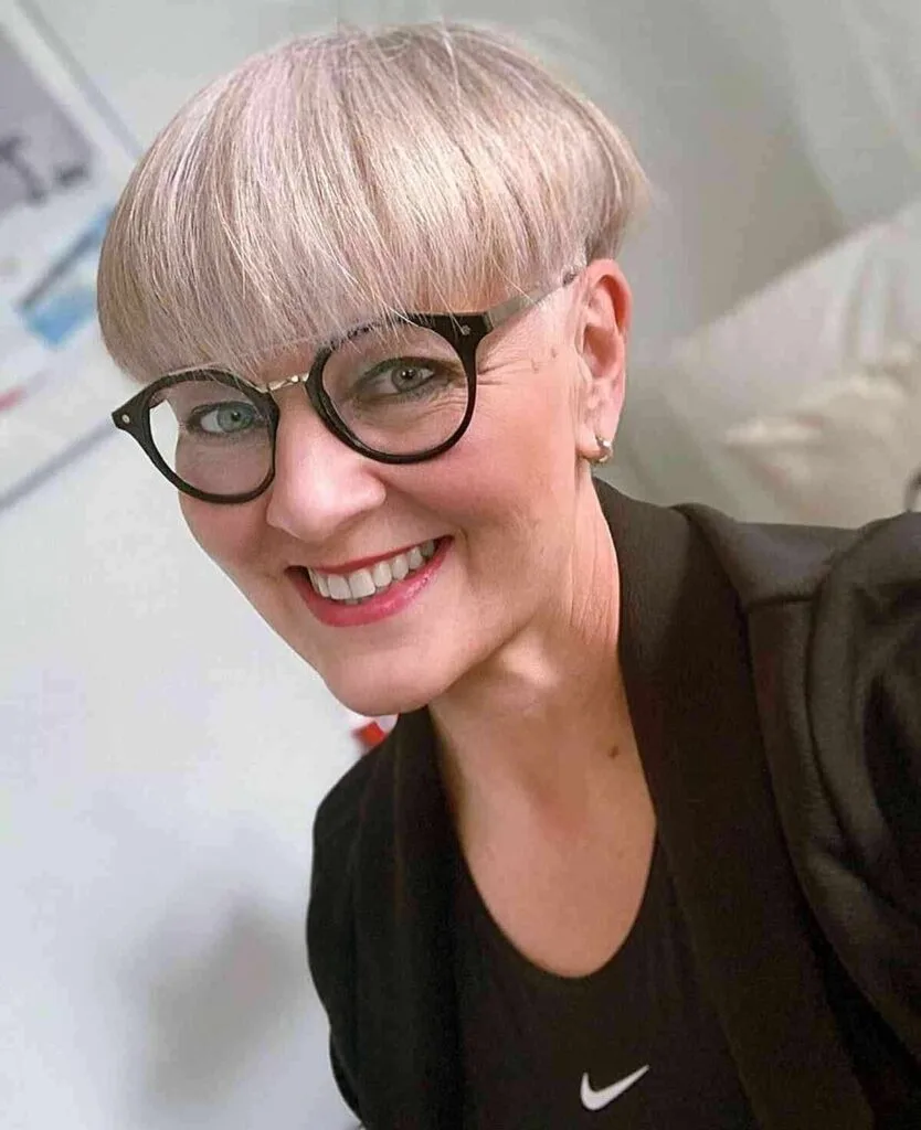 Straight Bowl Cut for Mature Women Over 50 Wearing Eyeglasses