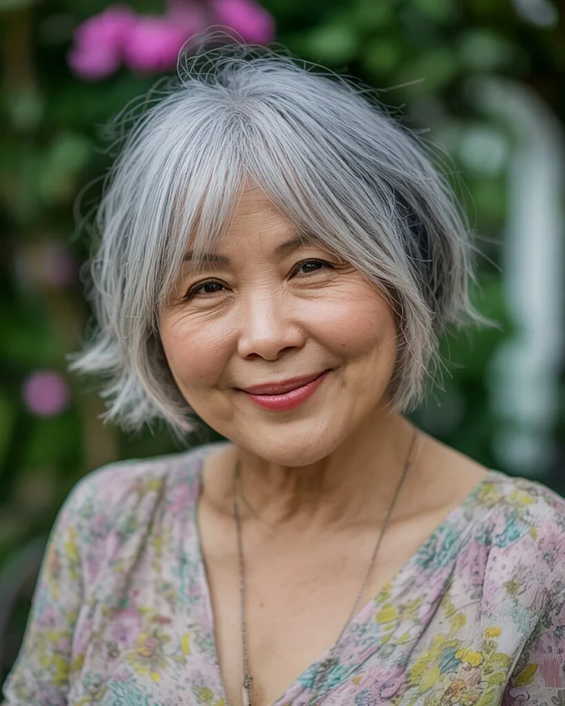 Straight shaggy bob for women over 50 with a soft textured finish and side-swept layers