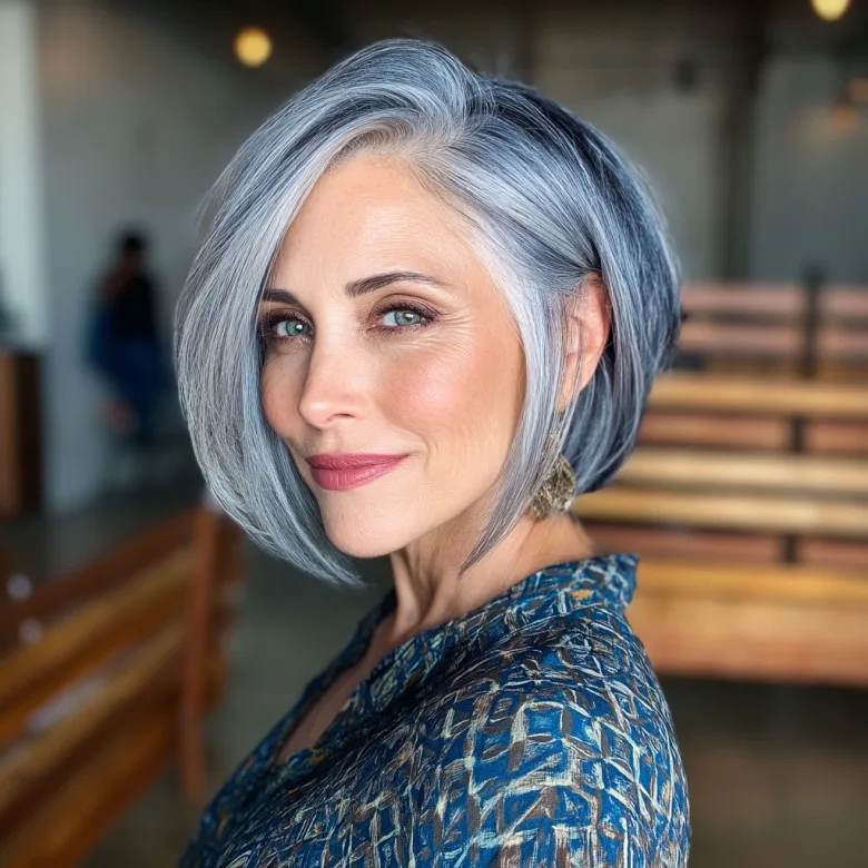 Stylish Asymmetrical Silver Bob with Textured Layers