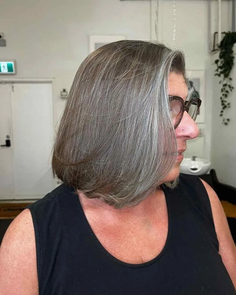 Stylish Long Blunt Bob on Natural Silver Hair