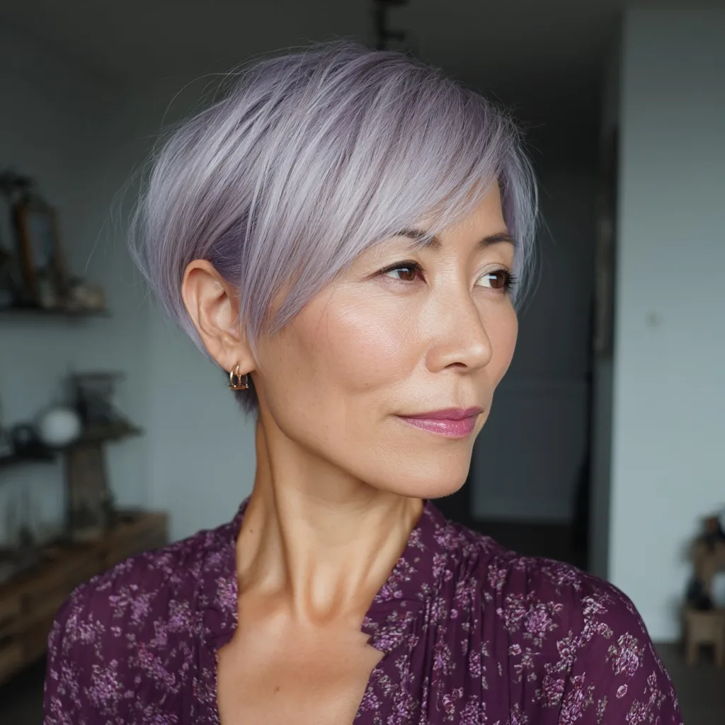 Stylish Long Pixie Cut with Soft Lavender Tones