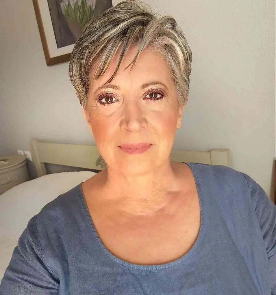 Stylish Pixie with Warm Bronze Highlights for a Woman Over 60