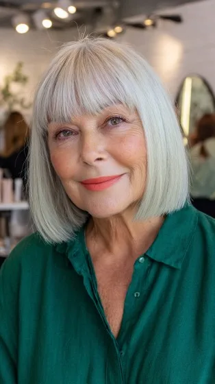 Stylish Silver Blunt Bob with Soft Bangs