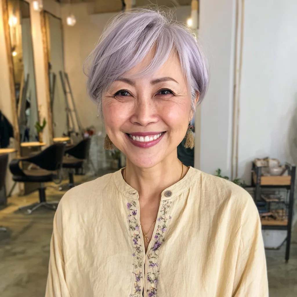Stylish Soft Lavender Pixie Cut with Face-Framing Layers