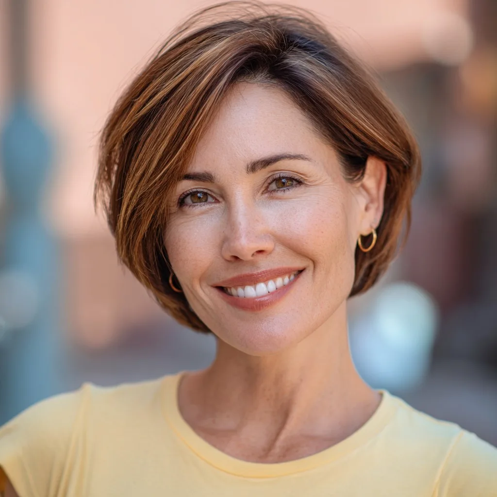 Stylish Textured Bob with Warm Caramel Highlights