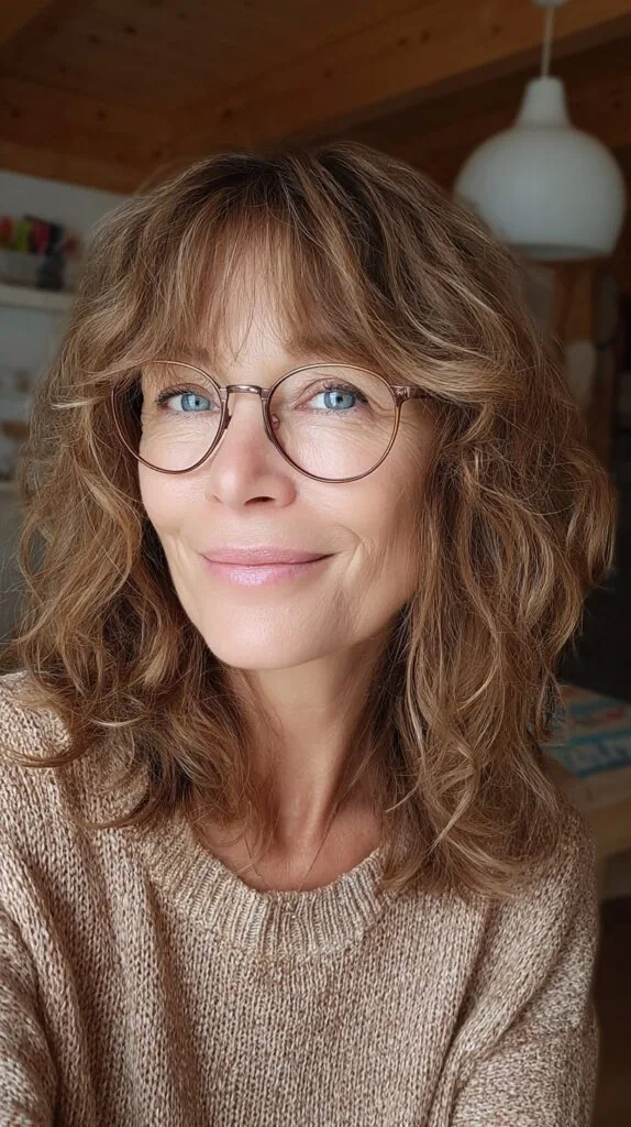 Sunlit Textured Shoulder-Length Shag with Piecey Curtain Bangs