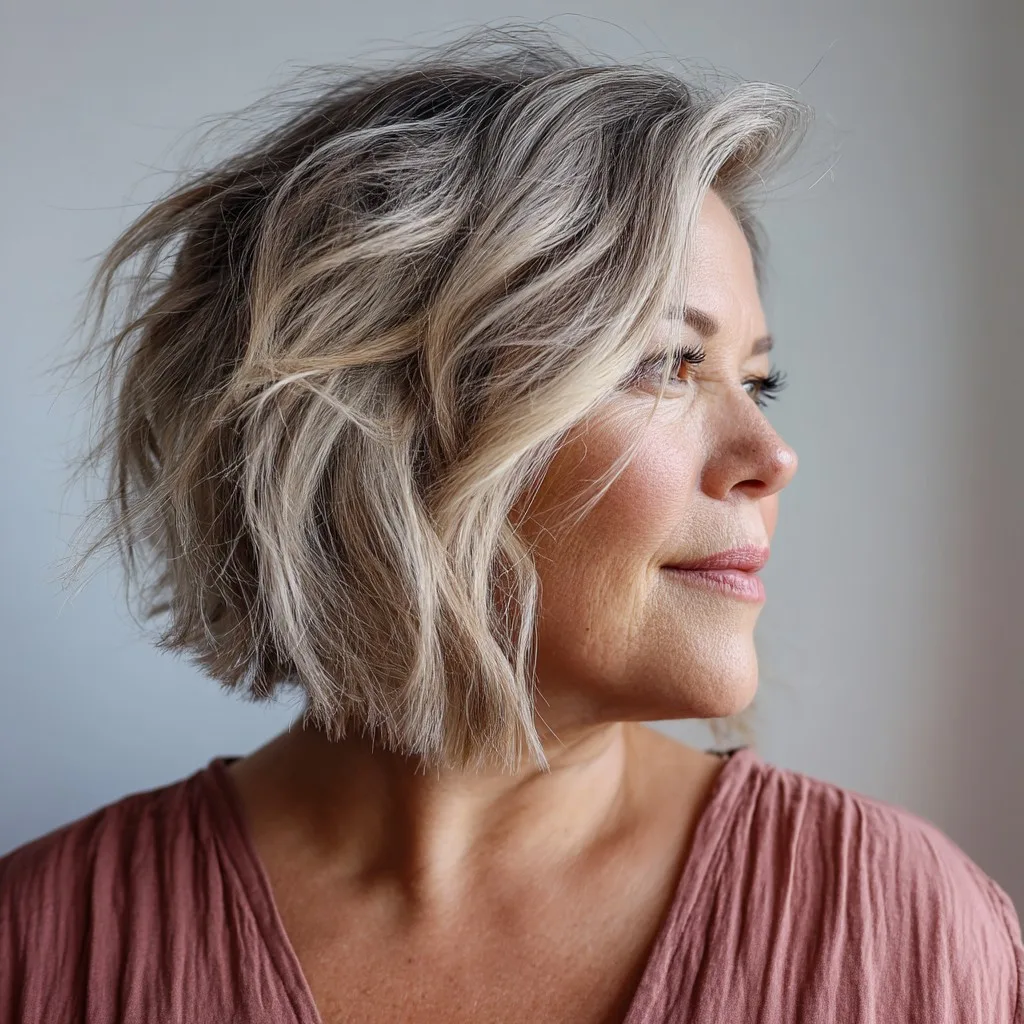 Textured Ash Blonde Wavy Bob with Soft Layers