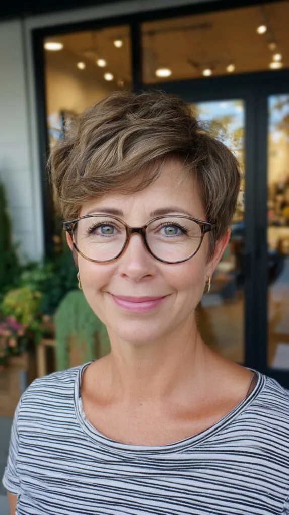 Textured Ash-Brown Pixie with Soft Side-Swept Fringe