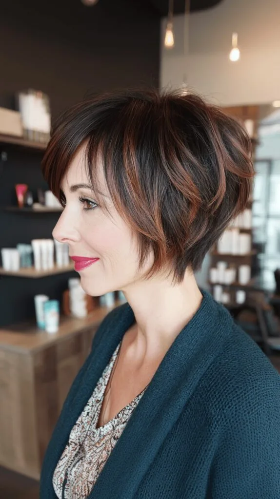 Textured Auburn Stacked Bob with Flipping Layers