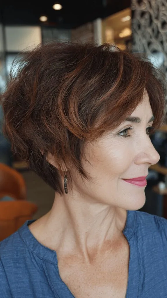 Textured Auburn Stacked Cut with Subtle Highlights