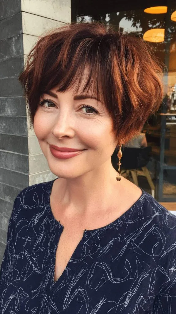 Textured Bixie Cut with Warm Auburn Highlights