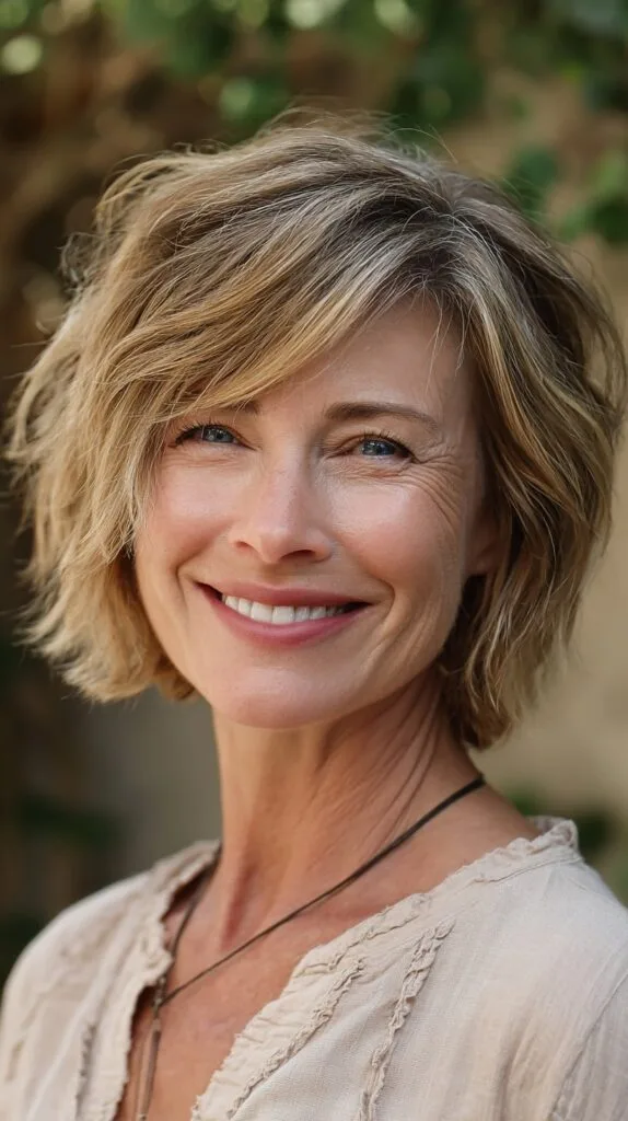 Textured Bronde Chin-Length Layered Bob with Soft Temple Feathering