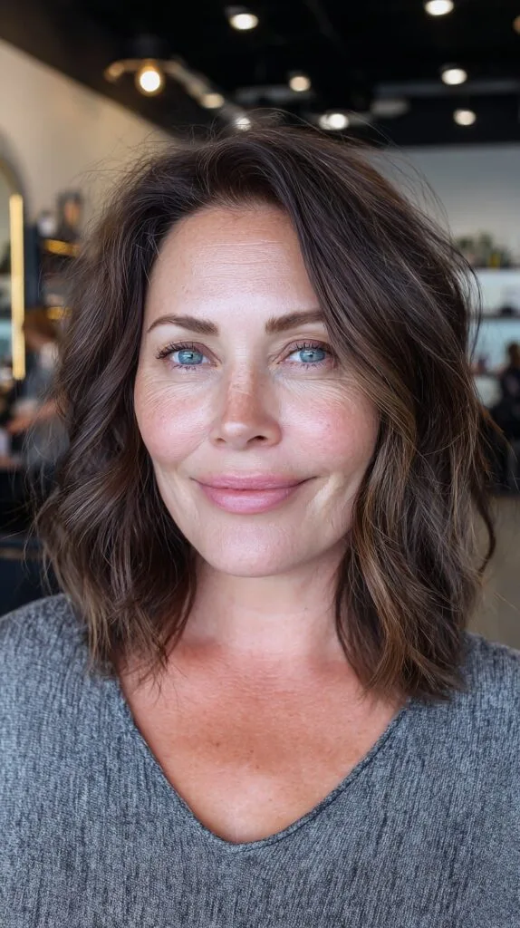 Textured Chestnut Balayage Shoulder-Length Lob with Face-Framing Layers