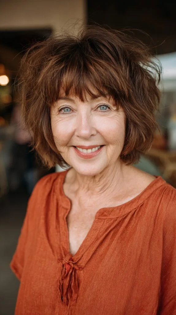 Textured Chestnut Layered Short Bob with Feathered Fringe