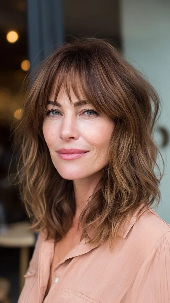Textured Chestnut Waves with Wispy Bangs