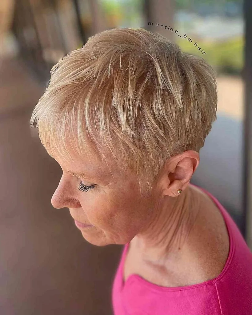 Textured Choppy Pixie Crop Cut with Wispy Bangs for mature women aged 60 with Thin Locks