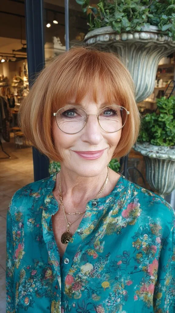 Textured Copper Chin-Length Bob with Brow-Grazing Fringe