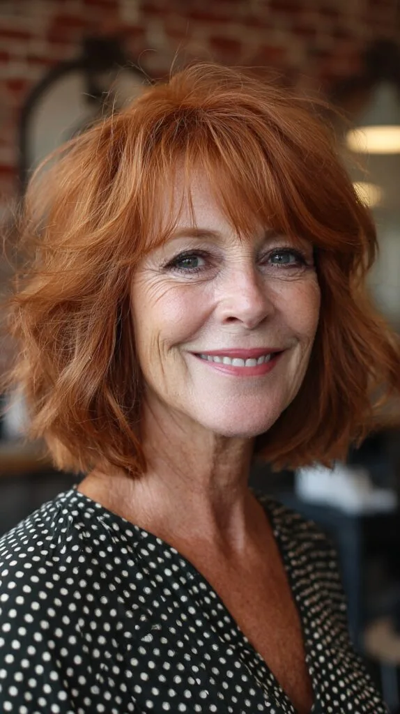 Textured Copper Midi Bob with Wispy Micro-Fringe and Crown Lift