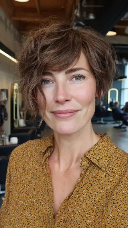 textured Curly Short Cut with Long Bangs