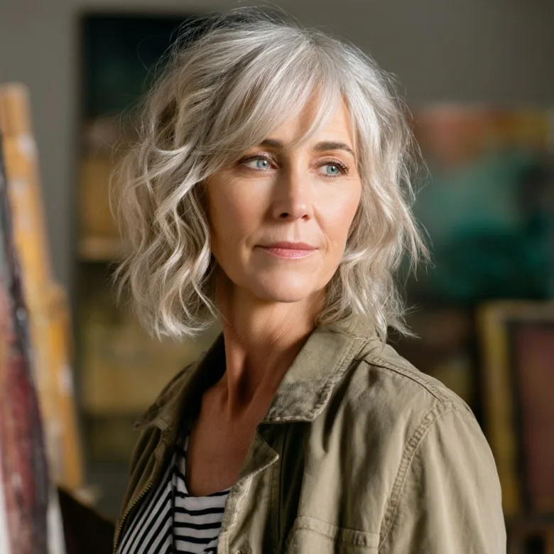 Textured Gray Bob with Soft Curls
