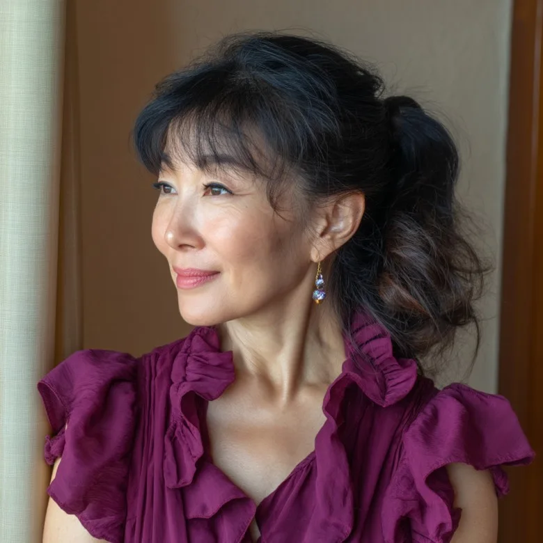 Textured Low Ponytail with Face-Framing Bangs