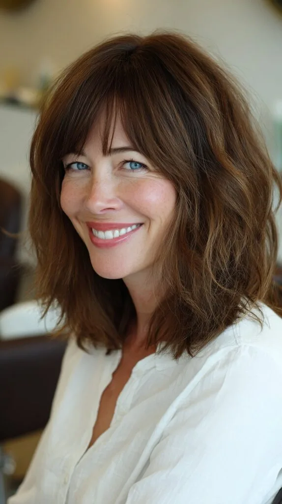 Textured Mid-Length Chestnut Layers with Soft Piecey Fringe