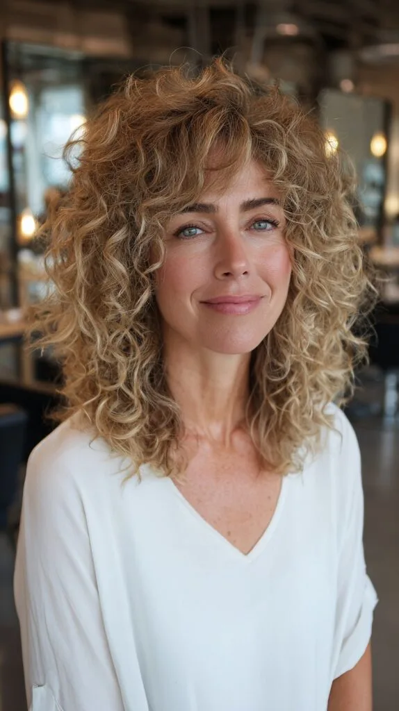 Textured Mid-Length Curly Layers with Soft Fringe