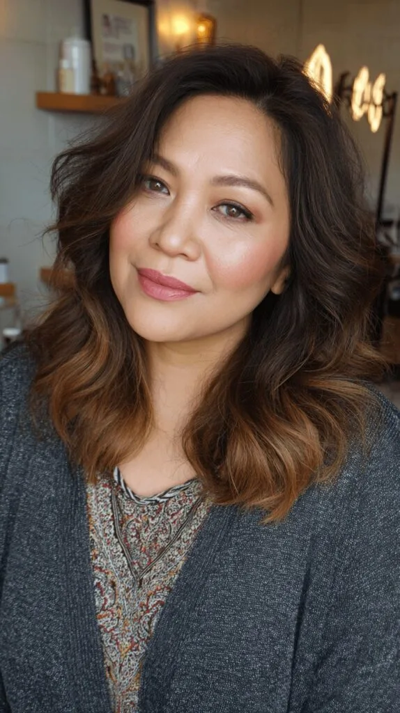Textured Mid-Length Cut with Soft Waves and Warm Balayage