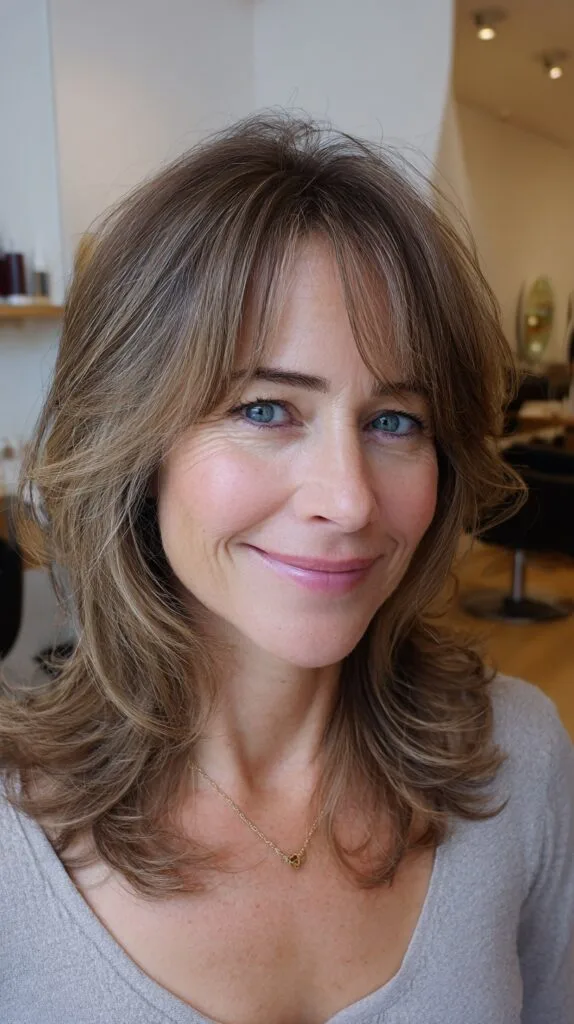 Textured Mid-Length Face-Framing Layers with Soft Crown Lift