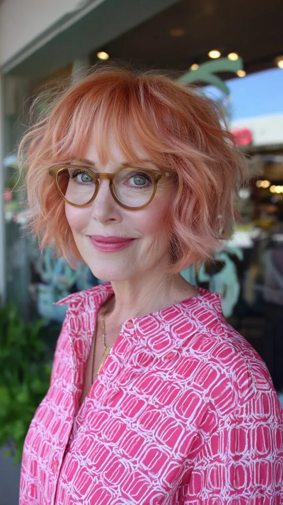 Textured Peach Copper Chin-Length Bob with Glasses‑Framing Layers