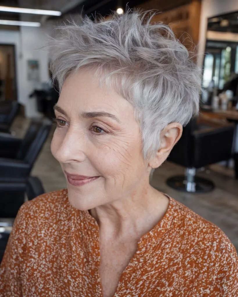 Textured pixie cut with volume at crown for women over 70 with thick silver hair