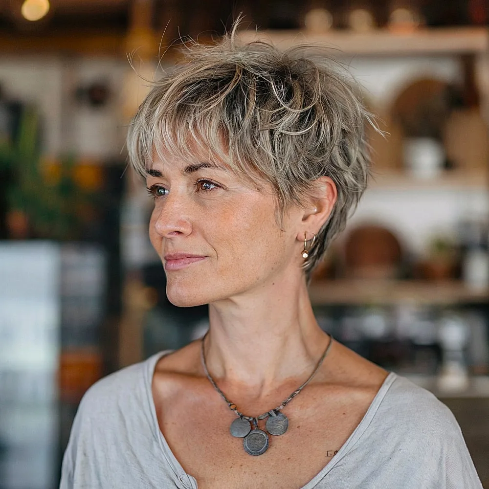 Textured pixie shag mullet for women over 40, featuring soft fringe and elongated back layers