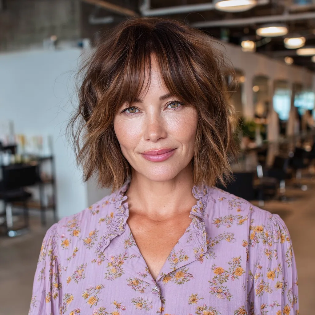 Textured Shaggy Bob with Defined Curtain Bangs