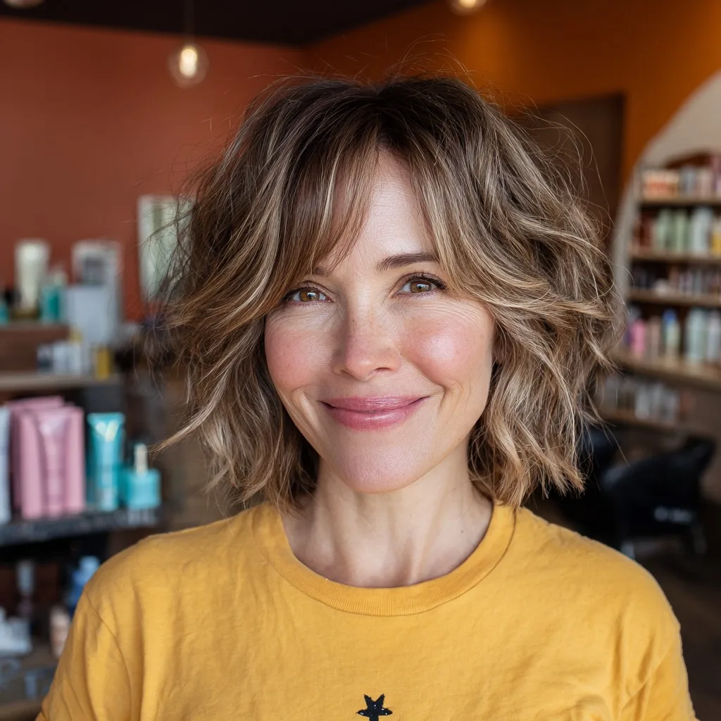 Textured Shaggy Bob with Soft Curtain Bangs