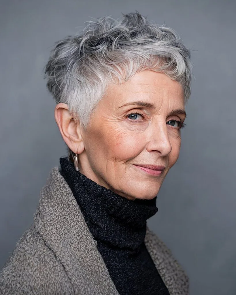 Textured short ChromaPixie cut for women over 70 with wavy gray hair and volume