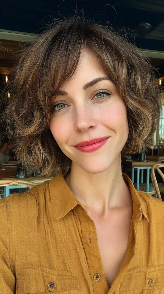 Textured Short Curly Bob with Soft Bangs