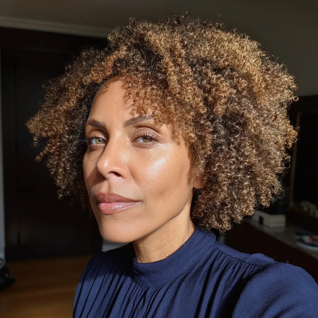 Textured Short Cut with Defined Curls and Warm Highlights