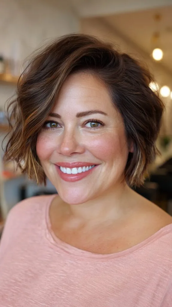 Textured Short Layered Bob with Warm Highlights